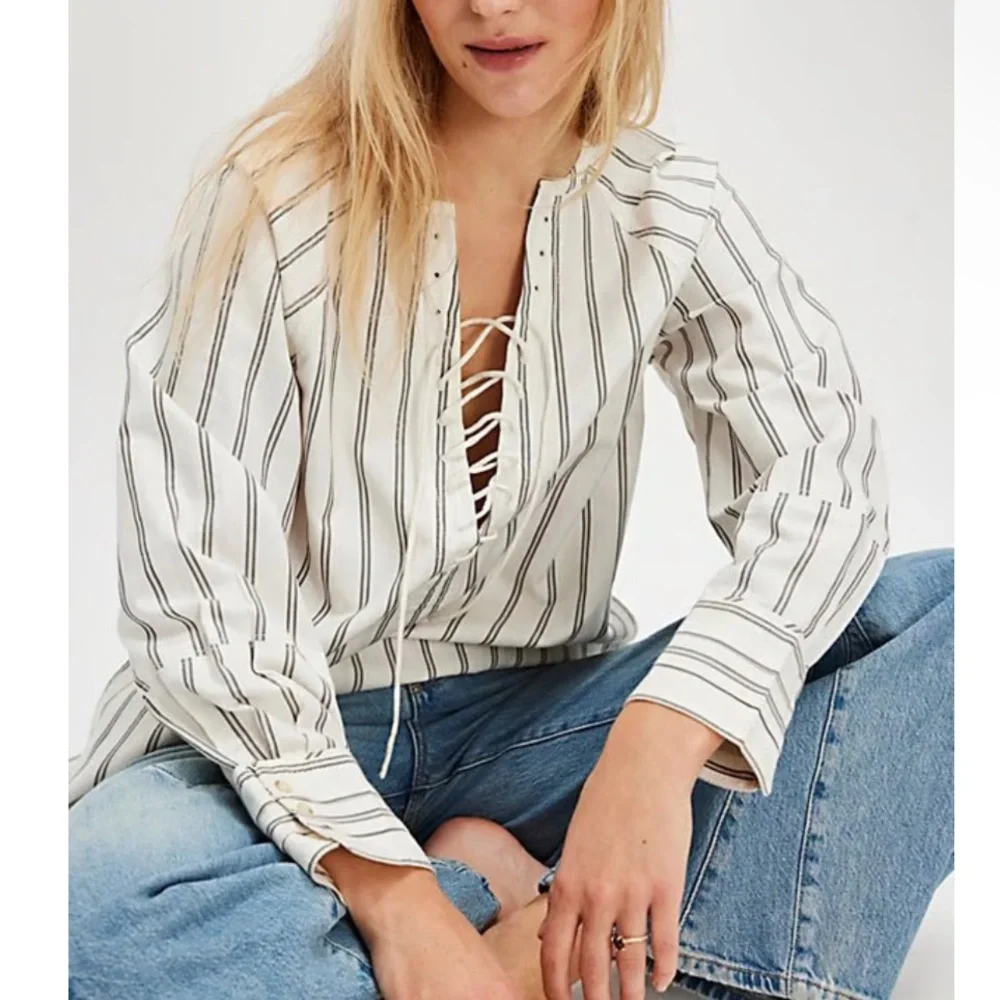 NWT Free People We The Free Lisbon Tunic Ivory Combo Lace Up Size Large